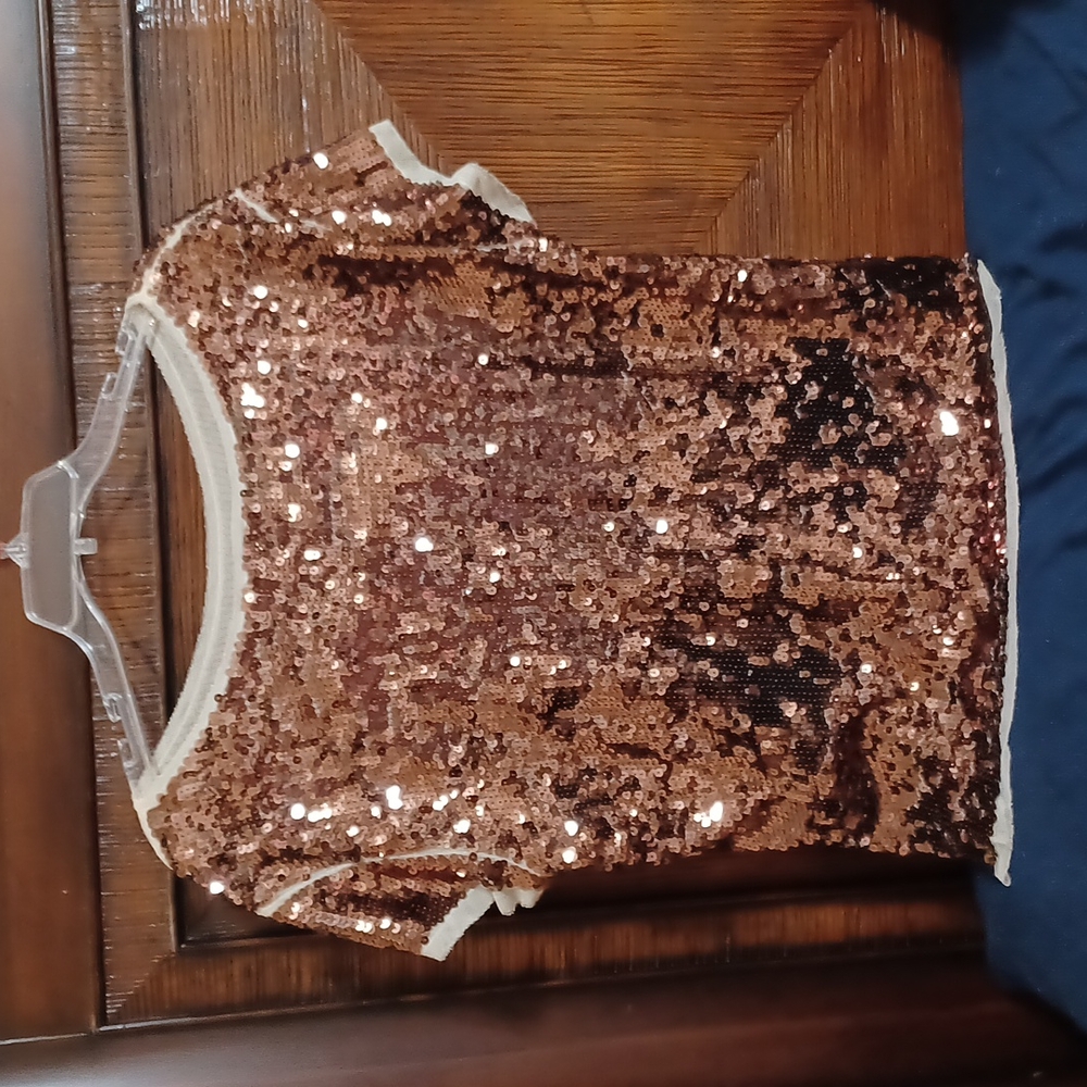 LOFT Gold sequined short sleeved blouse w/round neck NEW CONDITION